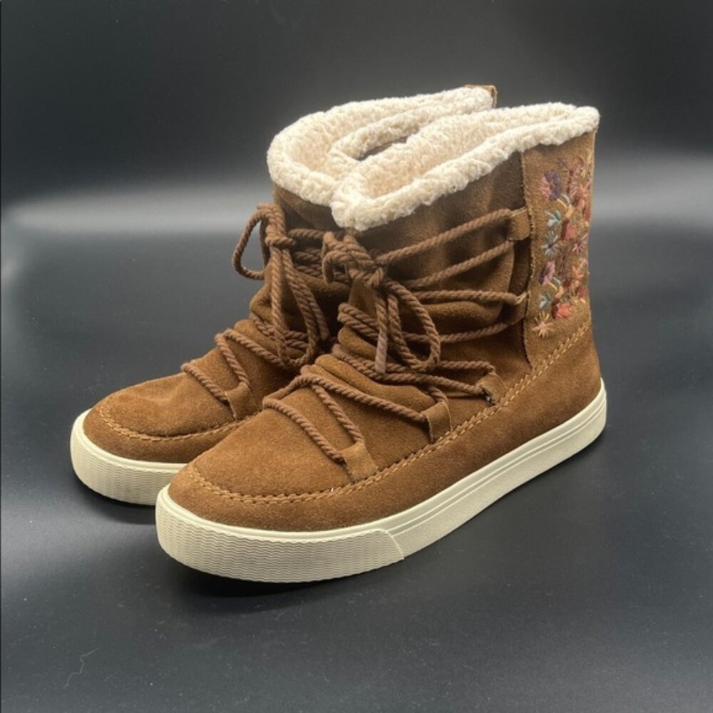 TOMS Boot Women 7 Alpine Brown Suede Embroidered‎ Faux Shearling Lace Up